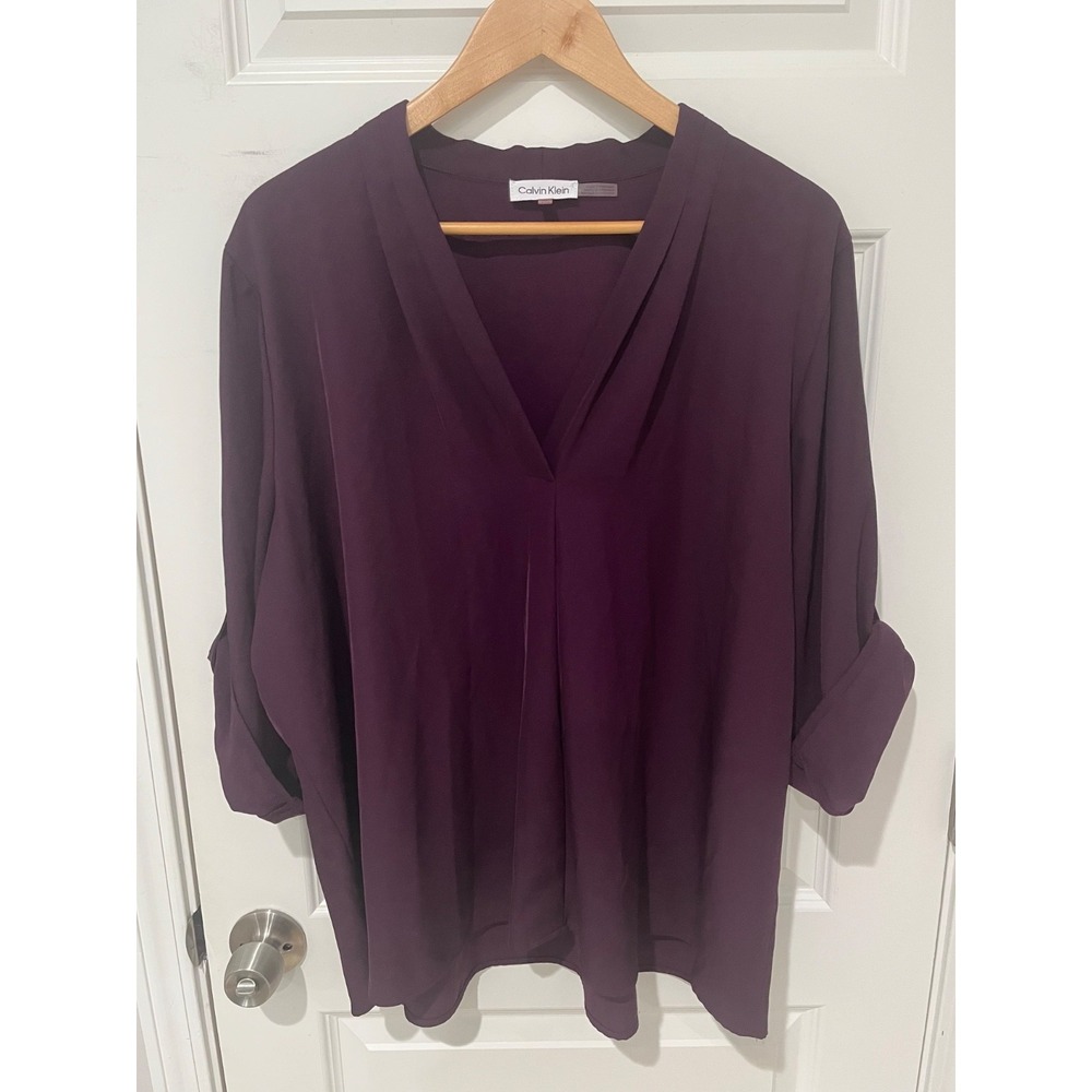 Women's Calvin Klein Purple V-Neck Blouse 3/4 Roll Sleeve Plus Size 2X Pull Over